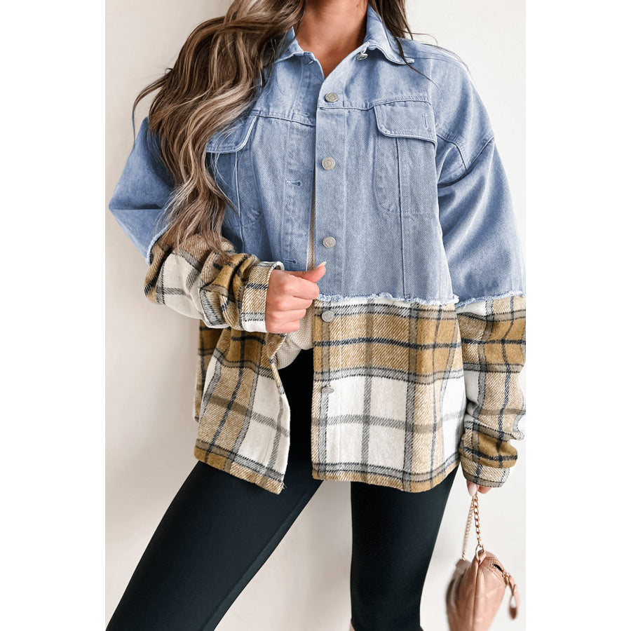 Khaki Plaid Patchwork Buttoned Oversized Denim Jacket Khaki / S / 75% Cotton + 25% Polyester Outerwear/Denim jackets