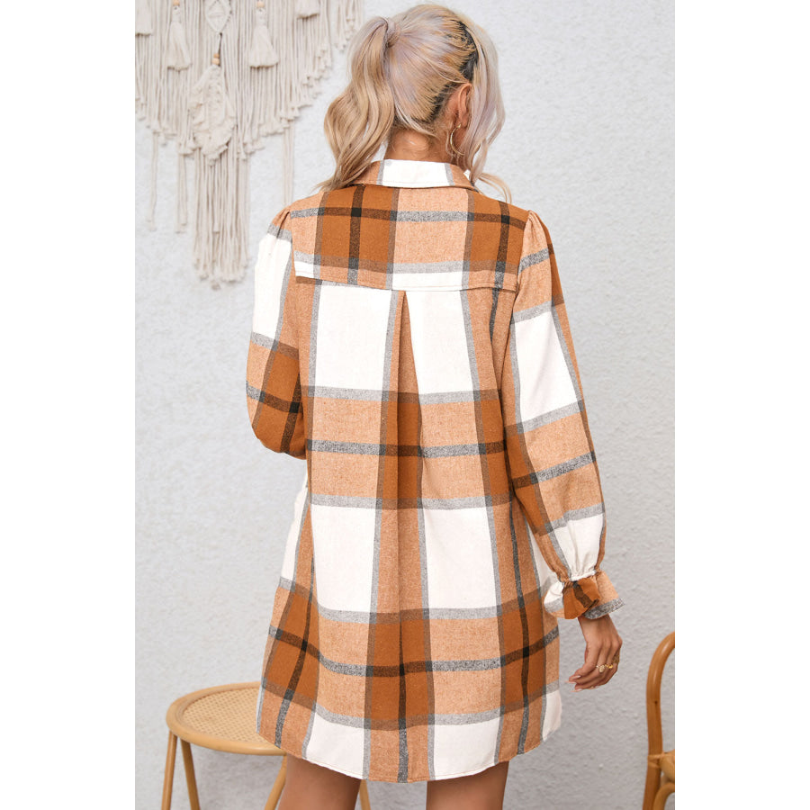 Khaki Plaid Pattern Collared Neck Ruffled Sleeve Shirt Dress Dresses/Mini Dresses