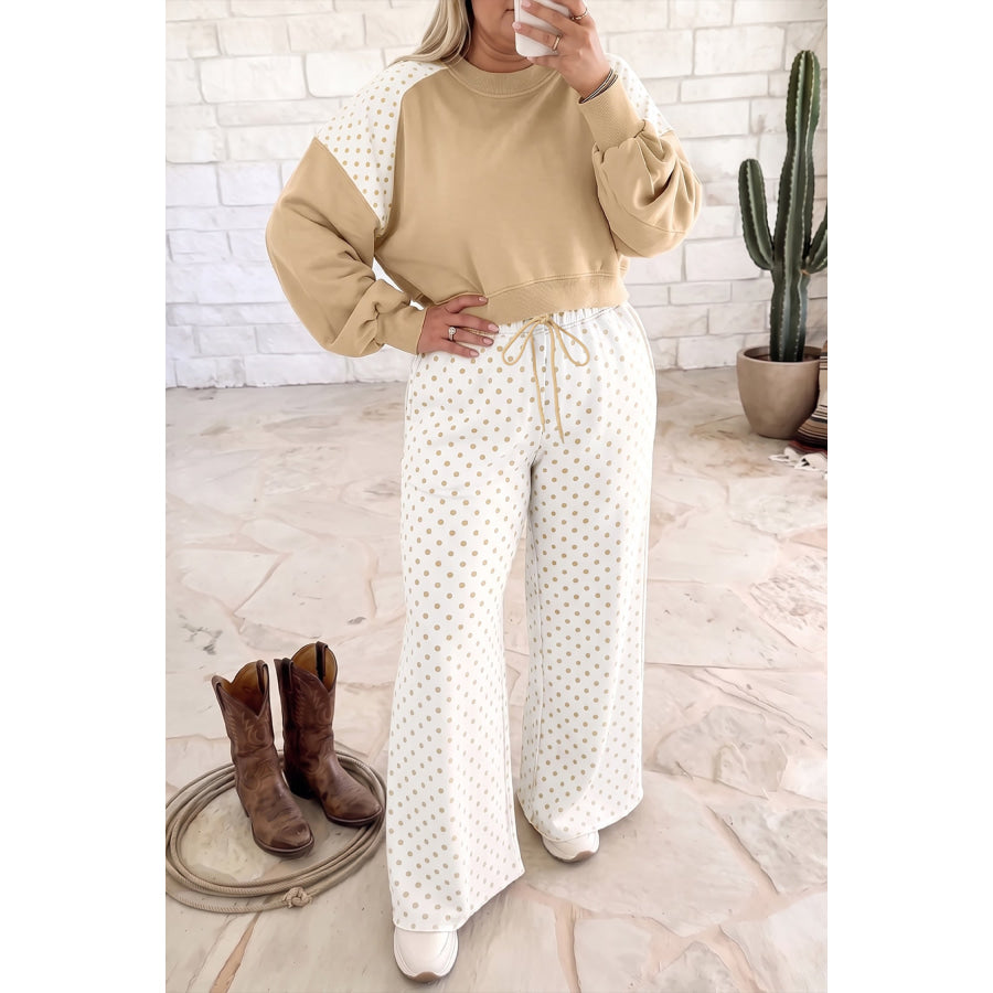 Khaki Plus Size Color Block Contrast Polka Dot Long Sleeve Top Drawstring Pants Set / 1X / 80% Polyester + 20% Cotton Size/Plus Bottoms