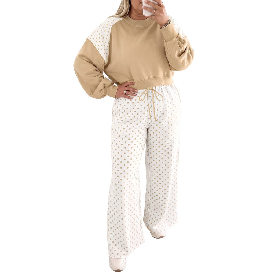 Khaki Plus Size Color Block Contrast Polka Dot Long Sleeve Top Drawstring Pants Set Size/Plus Bottoms