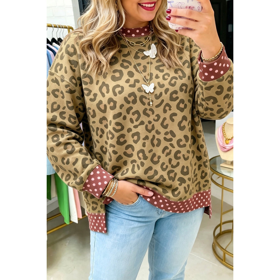 Khaki Plus Size Leopard Print Contrast Polka Dot Trim Long Sleeve Top Brown / 1X / 100% Polyester Size/Plus Tops/Plus Tops