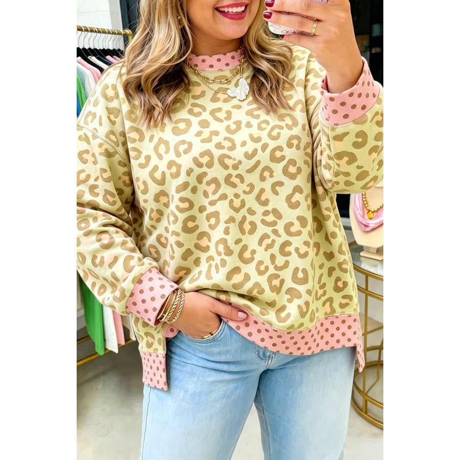 Khaki Plus Size Leopard Print Contrast Polka Dot Trim Long Sleeve Top Size/Plus Tops/Plus Tops