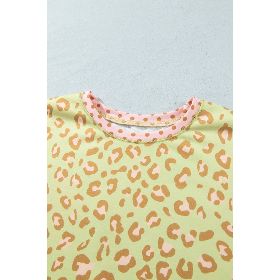 Khaki Plus Size Leopard Print Contrast Polka Dot Trim Long Sleeve Top Size/Plus Tops/Plus Tops