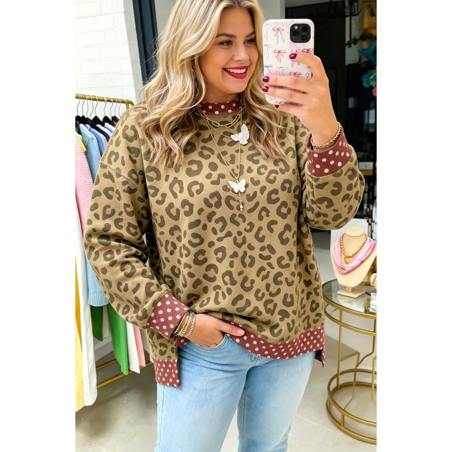 Khaki Plus Size Leopard Print Contrast Polka Dot Trim Long Sleeve Top Size/Plus Tops/Plus Tops