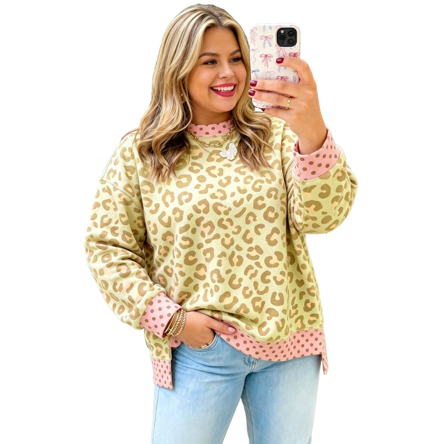 Khaki Plus Size Leopard Print Contrast Polka Dot Trim Long Sleeve Top Size/Plus Tops/Plus Tops