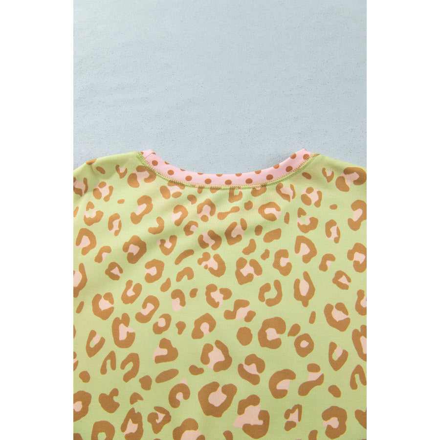 Khaki Plus Size Leopard Print Contrast Polka Dot Trim Long Sleeve Top Size/Plus Tops/Plus Tops