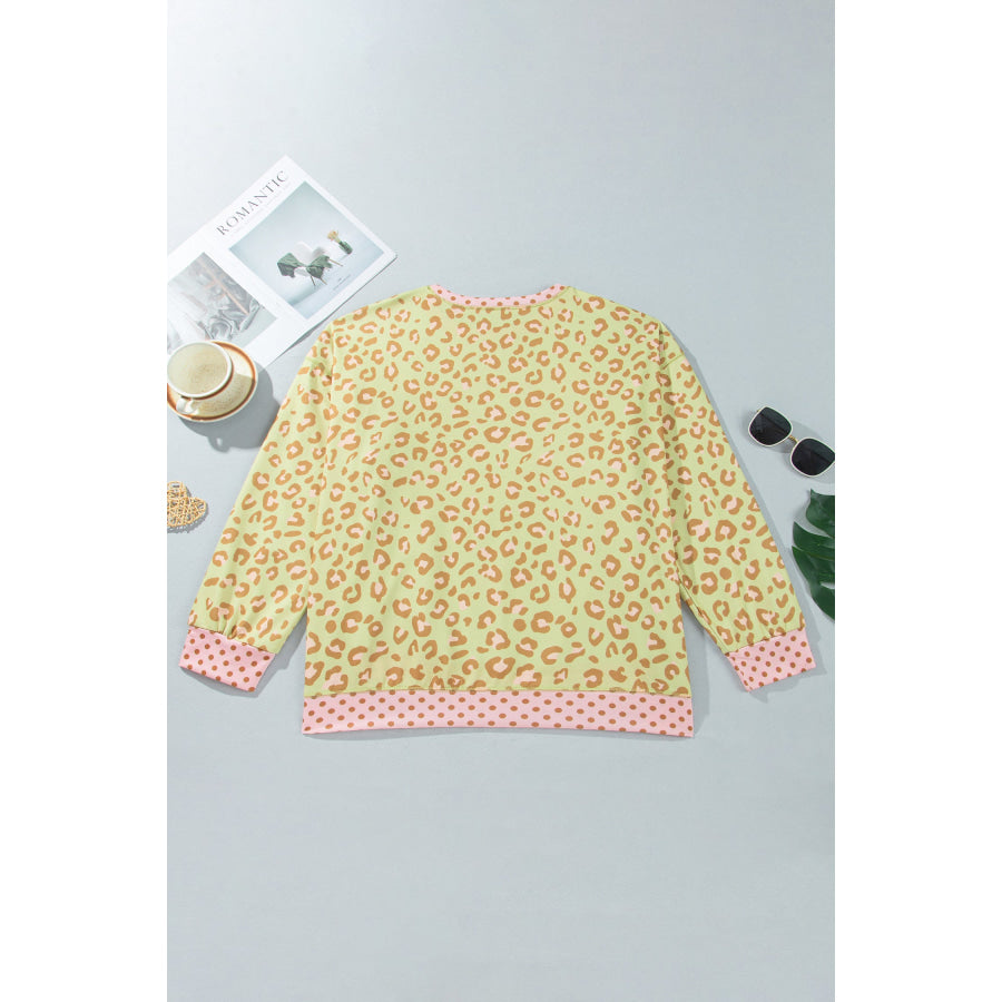 Khaki Plus Size Leopard Print Contrast Polka Dot Trim Long Sleeve Top Size/Plus Tops/Plus Tops