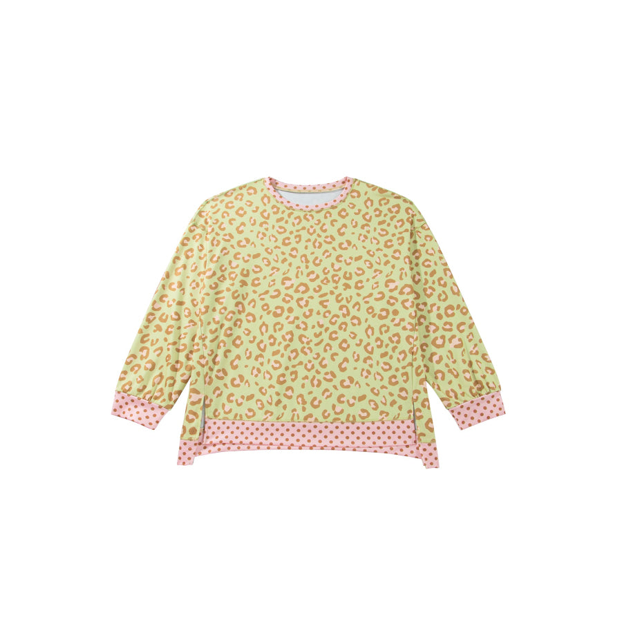 Khaki Plus Size Leopard Print Contrast Polka Dot Trim Long Sleeve Top Size/Plus Tops/Plus Tops
