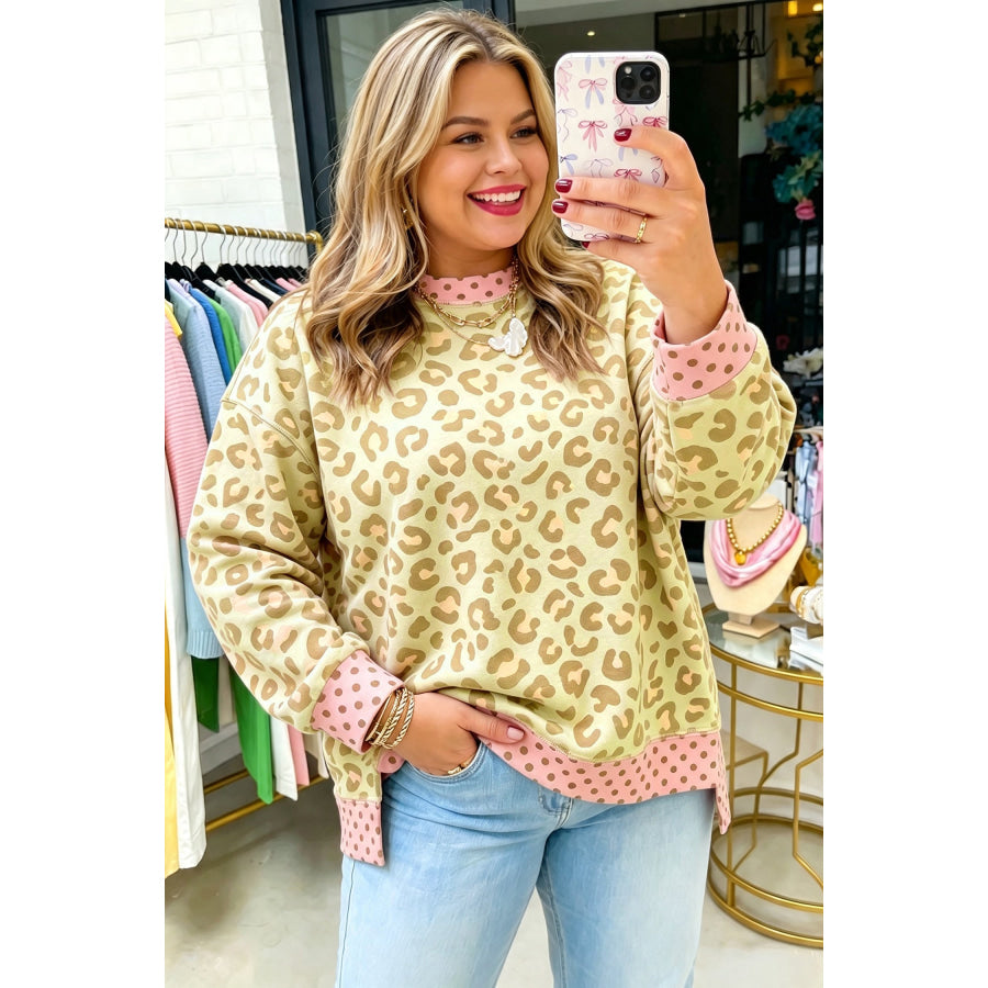 Khaki Plus Size Leopard Print Contrast Polka Dot Trim Long Sleeve Top Plus Size/Plus Size Tops/Plus Size Long Sleeve Tops
