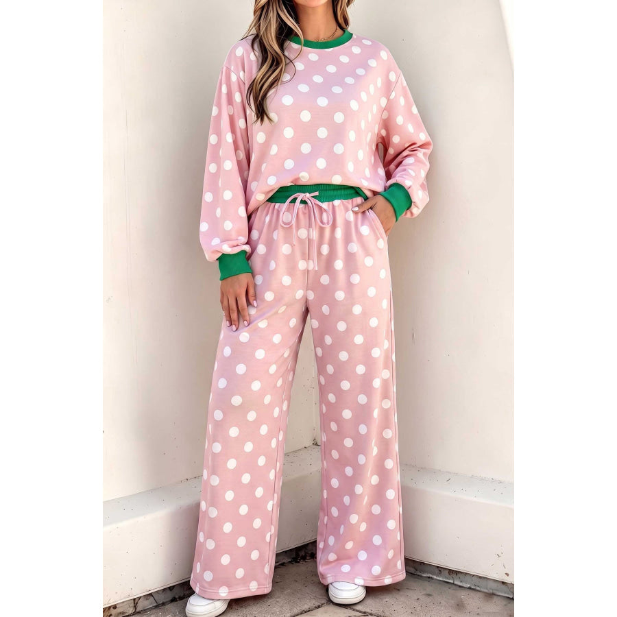 Khaki Polka Dot Contrast Trim Long Sleeve Top Drawstring Shift Pants Set Pink / S Two Piece Sets/Pant Sets