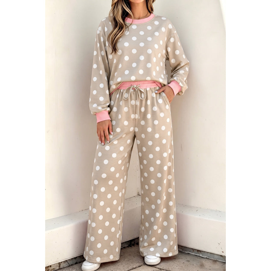 Khaki Polka Dot Contrast Trim Long Sleeve Top Drawstring Shift Pants Set Khaki / S Two Piece Sets/Pant Sets
