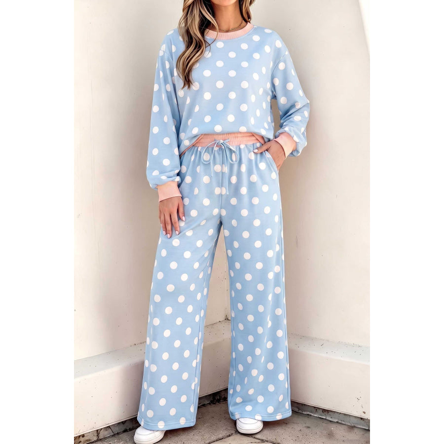 Khaki Polka Dot Contrast Trim Long Sleeve Top Drawstring Shift Pants Set Sky Blue / S Two Piece Sets/Pant Sets