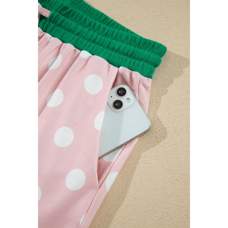 Khaki Polka Dot Contrast Trim Long Sleeve Top Drawstring Shift Pants Set Two Piece Sets/Pant Sets