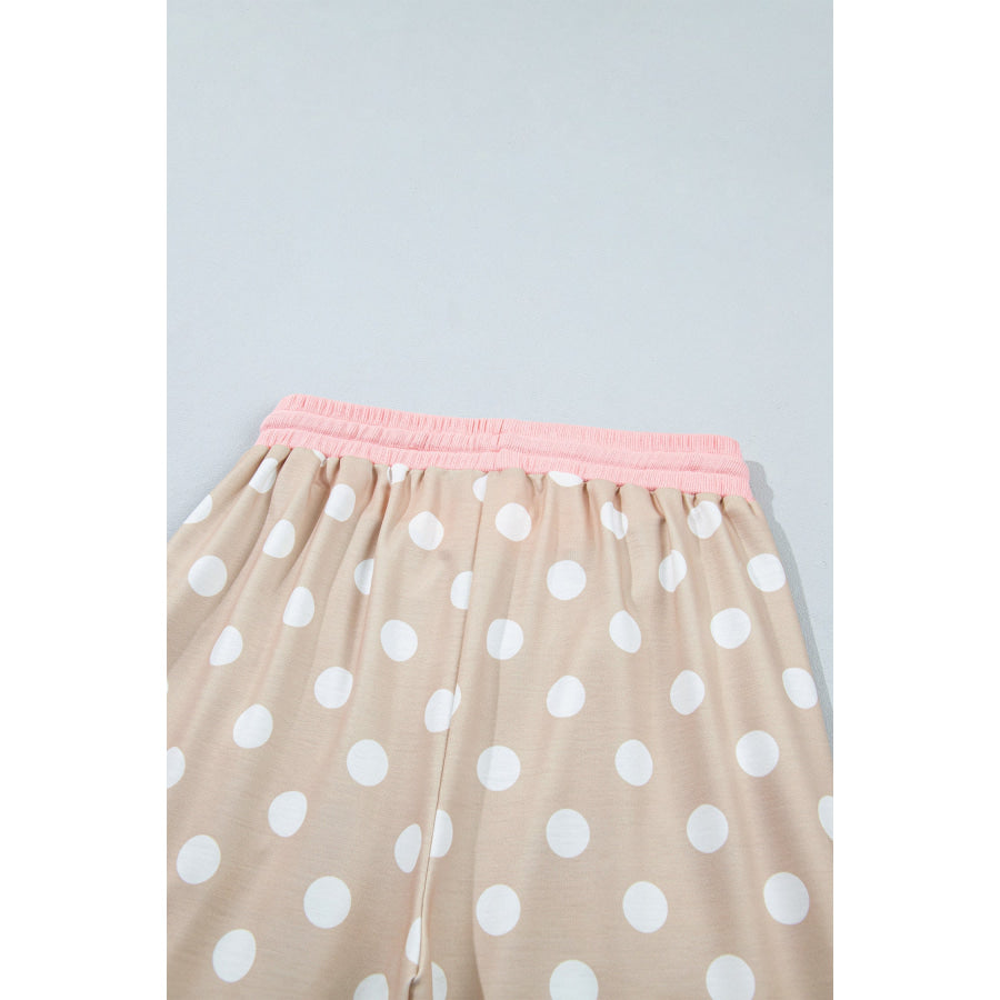 Khaki Polka Dot Contrast Trim Long Sleeve Top Drawstring Shift Pants Set Two Piece Sets/Pant Sets