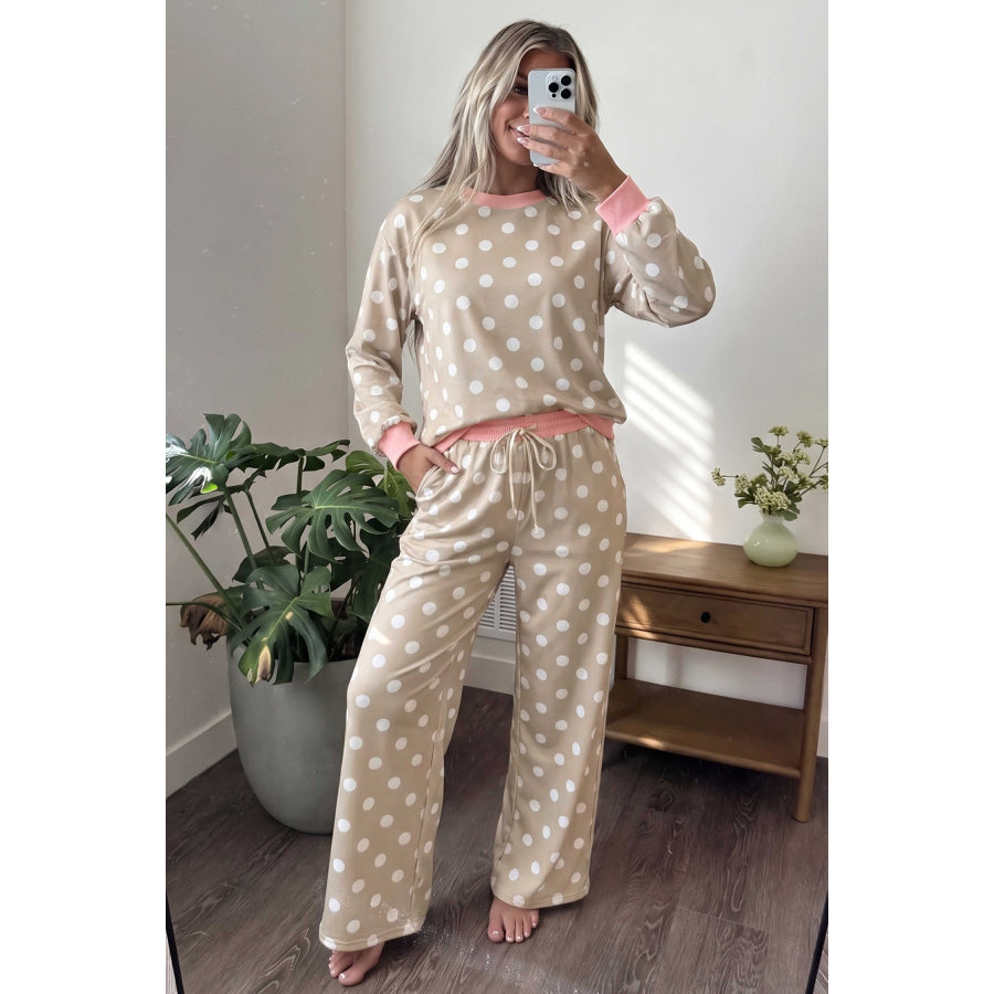 Khaki Polka Dot Contrast Trim Long Sleeve Top Drawstring Shift Pants Set Two Piece Sets/Pant Sets