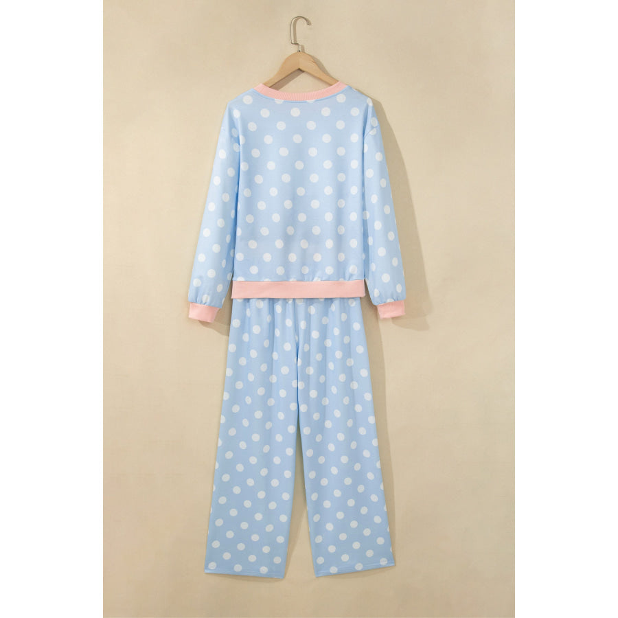 Khaki Polka Dot Contrast Trim Long Sleeve Top Drawstring Shift Pants Set Two Piece Sets/Pant Sets
