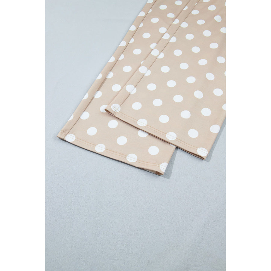 Khaki Polka Dot Contrast Trim Long Sleeve Top Drawstring Shift Pants Set Two Piece Sets/Pant Sets
