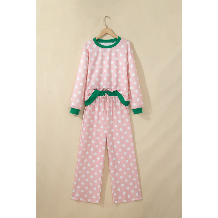 Khaki Polka Dot Contrast Trim Long Sleeve Top Drawstring Shift Pants Set Two Piece Sets/Pant Sets