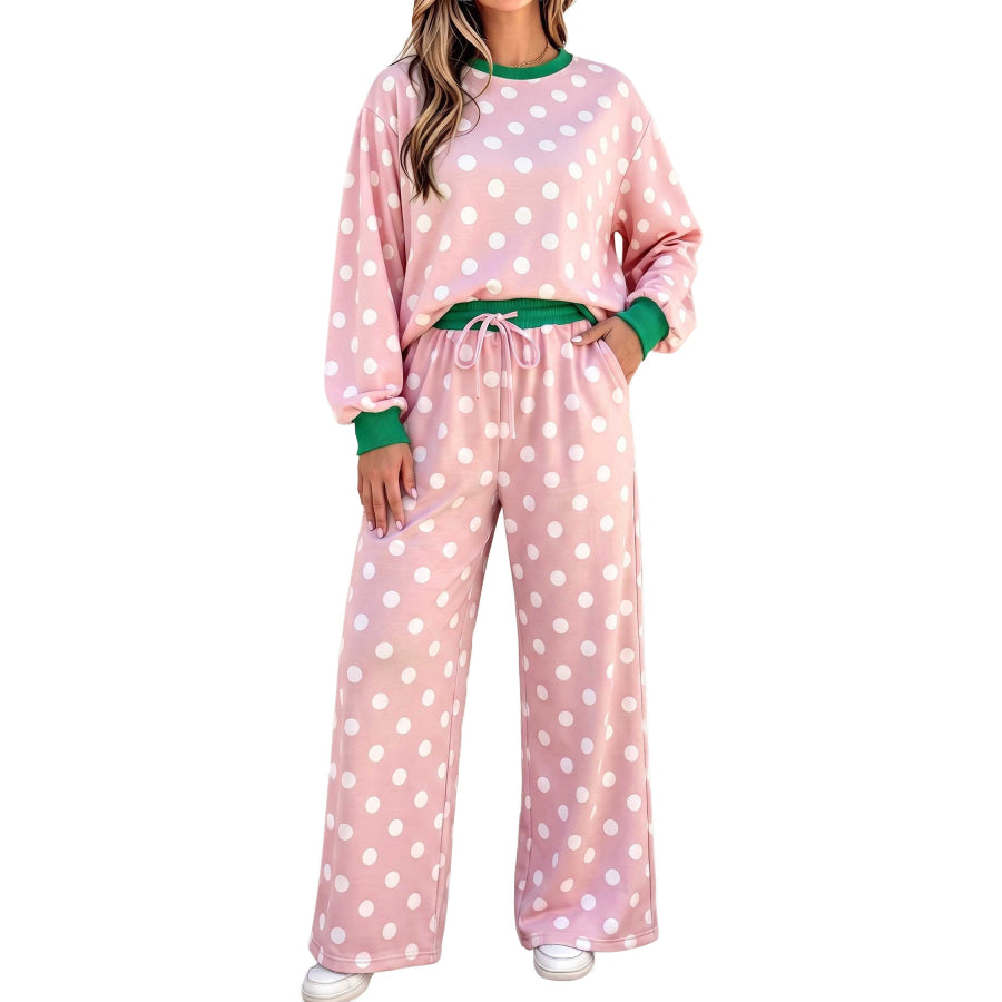 Khaki Polka Dot Contrast Trim Long Sleeve Top Drawstring Shift Pants Set Two Piece Sets/Pant Sets