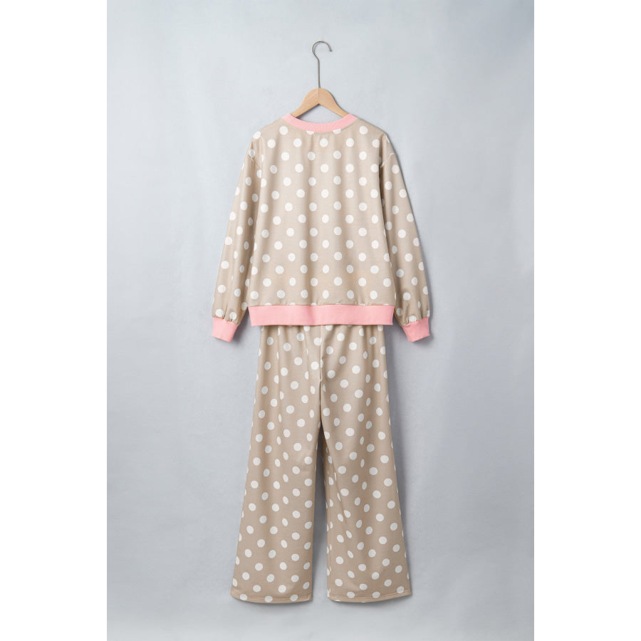 Khaki Polka Dot Contrast Trim Long Sleeve Top Drawstring Shift Pants Set Two Piece Sets/Pant Sets