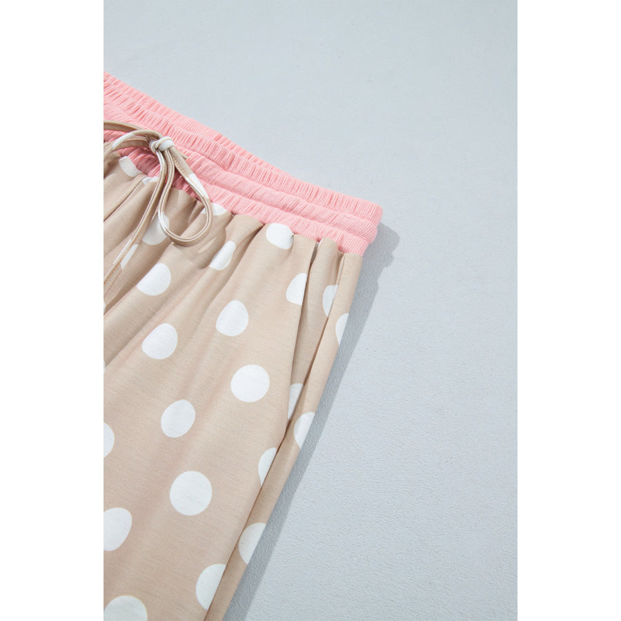 Khaki Polka Dot Contrast Trim Long Sleeve Top Drawstring Shift Pants Set Two Piece Sets/Pant Sets