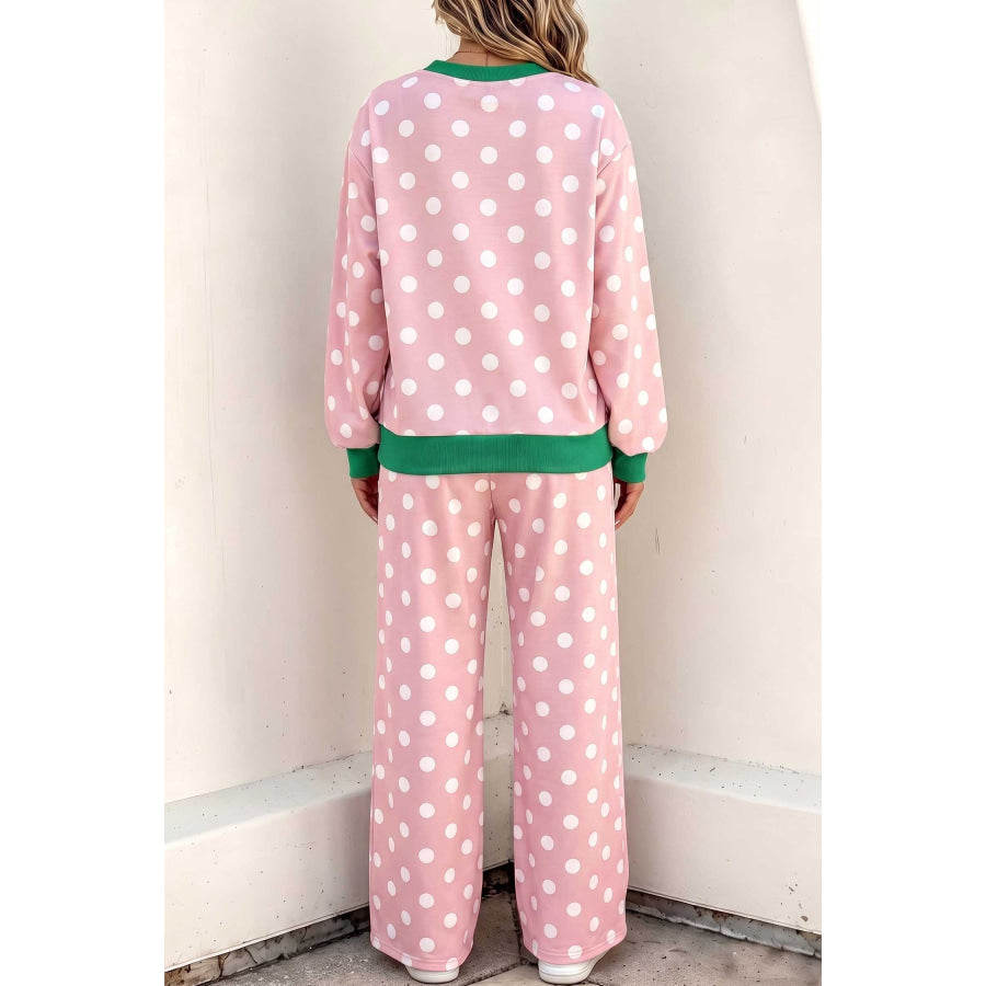 Khaki Polka Dot Contrast Trim Long Sleeve Top Drawstring Shift Pants Set Two Piece Sets/Pant Sets