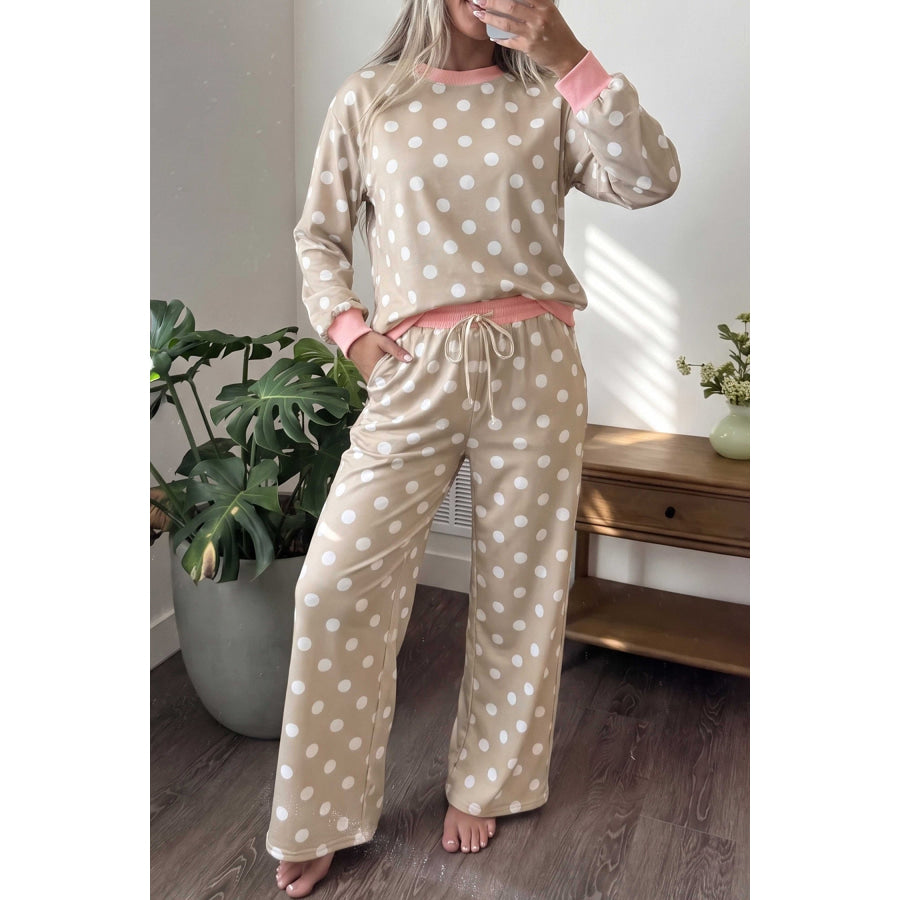 Khaki Polka Dot Contrast Trim Long Sleeve Top Drawstring Shift Pants Set Two Piece Sets/Pant Sets