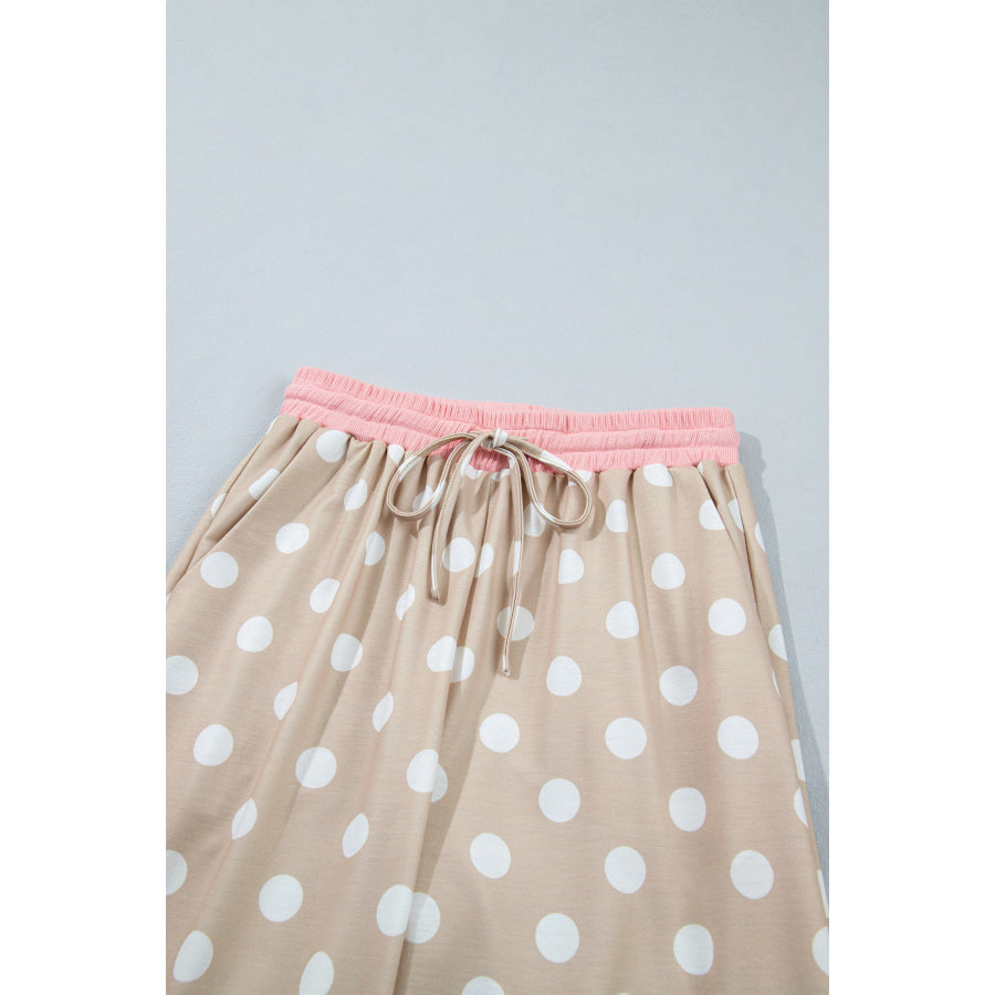 Khaki Polka Dot Contrast Trim Long Sleeve Top Drawstring Shift Pants Set Two Piece Sets/Pant Sets