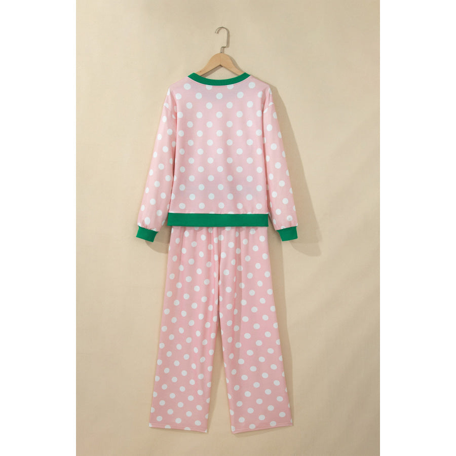 Khaki Polka Dot Contrast Trim Long Sleeve Top Drawstring Shift Pants Set Two Piece Sets/Pant Sets