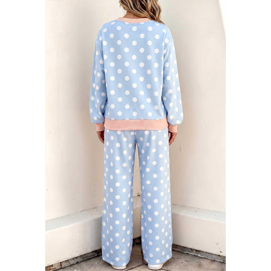 Khaki Polka Dot Contrast Trim Long Sleeve Top Drawstring Shift Pants Set Two Piece Sets/Pant Sets