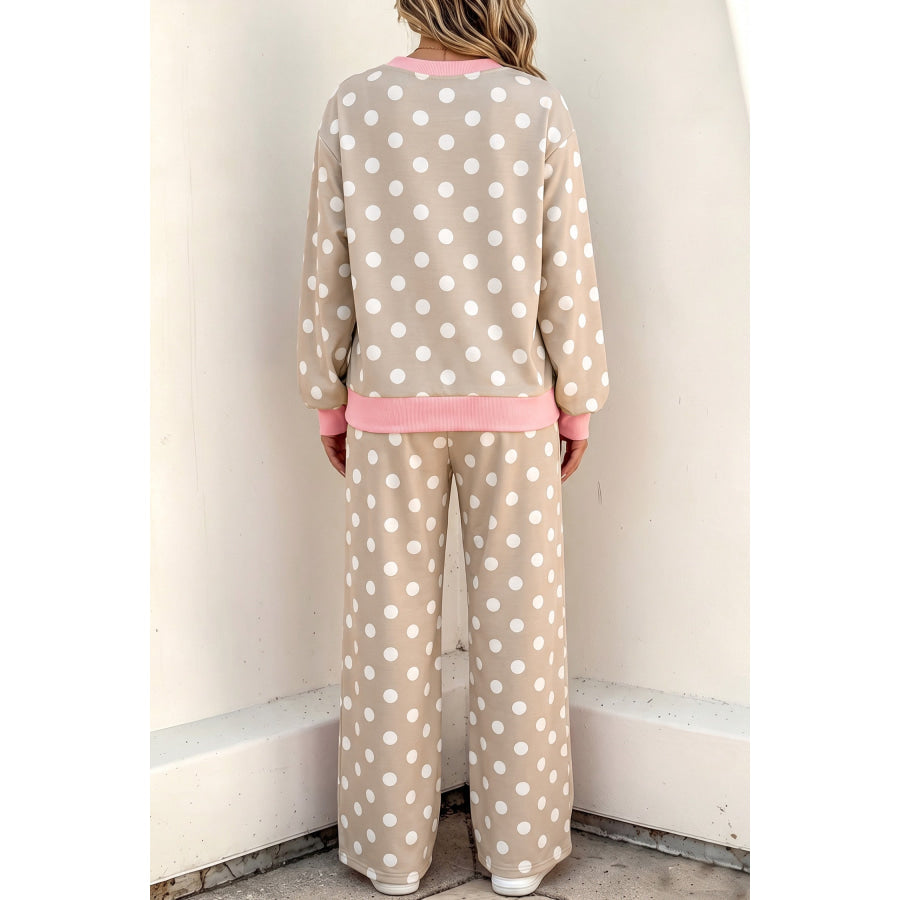 Khaki Polka Dot Contrast Trim Long Sleeve Top Drawstring Shift Pants Set Two Piece Sets/Pant Sets