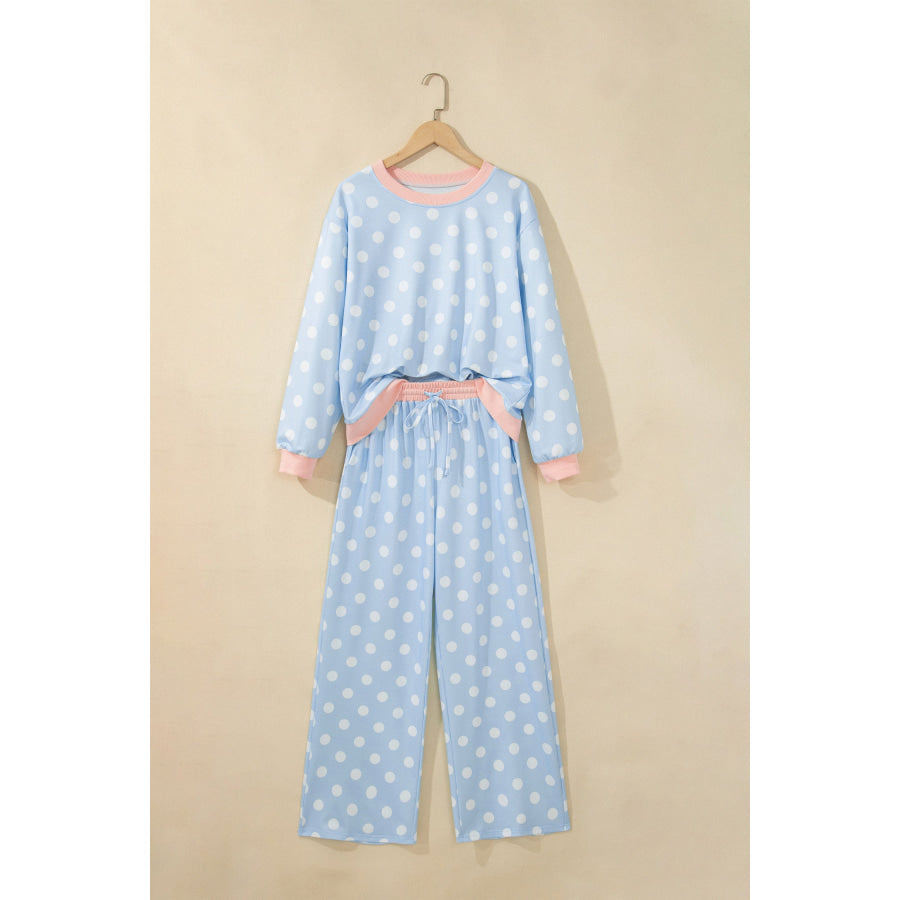 Khaki Polka Dot Contrast Trim Long Sleeve Top Drawstring Shift Pants Set Two Piece Sets/Pant Sets
