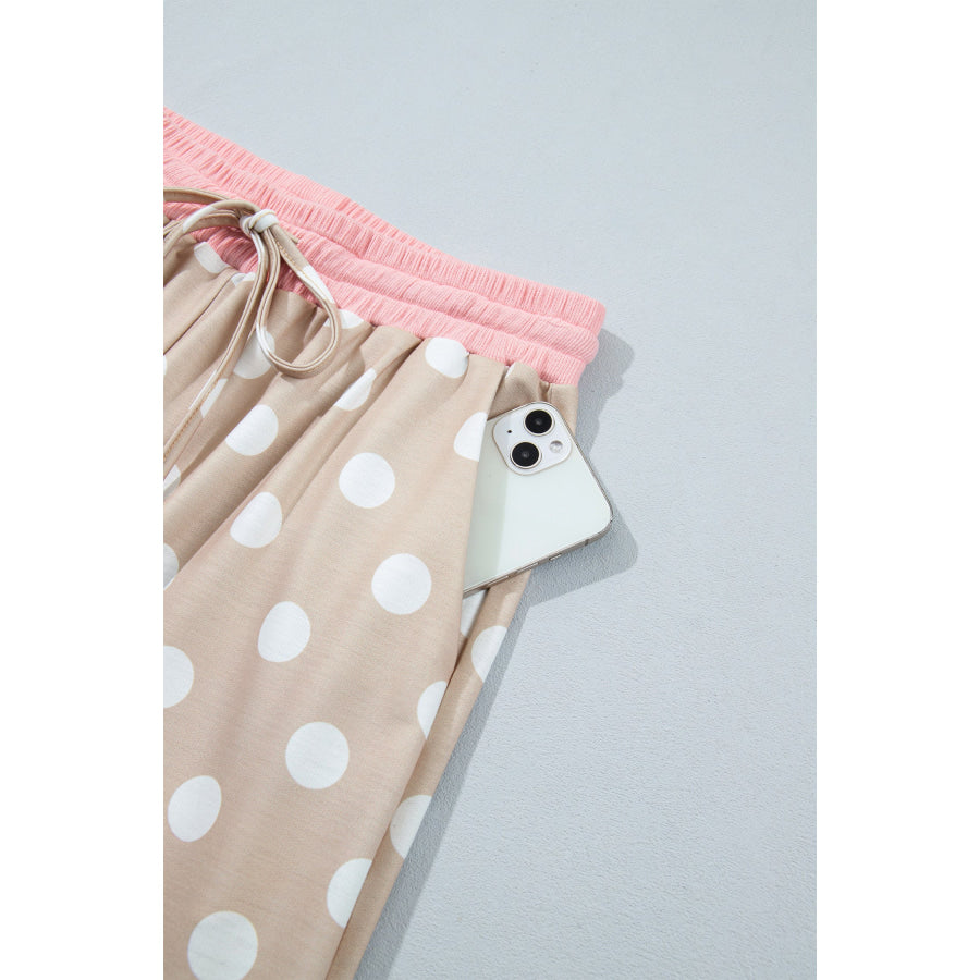Khaki Polka Dot Contrast Trim Long Sleeve Top Drawstring Shift Pants Set Two Piece Sets/Pant Sets