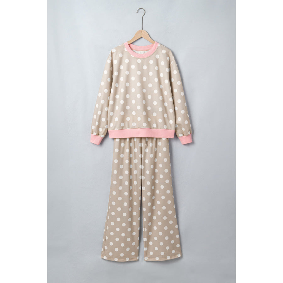 Khaki Polka Dot Contrast Trim Long Sleeve Top Drawstring Shift Pants Set Two Piece Sets/Pant Sets