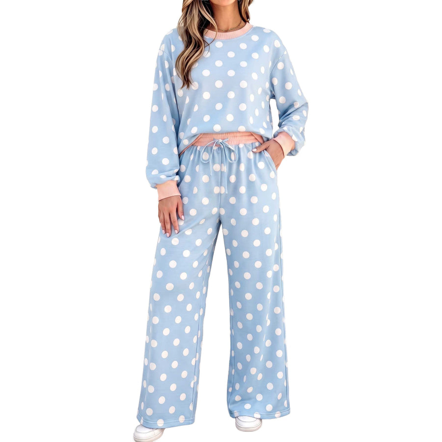 Khaki Polka Dot Contrast Trim Long Sleeve Top Drawstring Shift Pants Set Two Piece Sets/Pant Sets