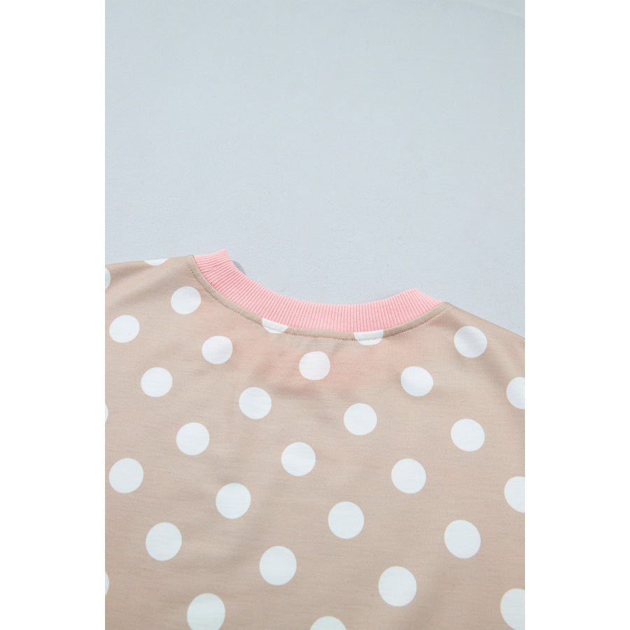 Khaki Polka Dot Contrast Trim Long Sleeve Top Drawstring Shift Pants Set Two Piece Sets/Pant Sets