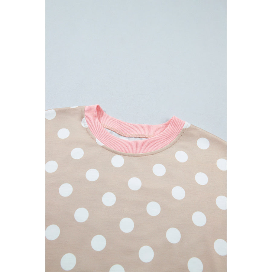 Khaki Polka Dot Contrast Trim Long Sleeve Top Drawstring Shift Pants Set Two Piece Sets/Pant Sets