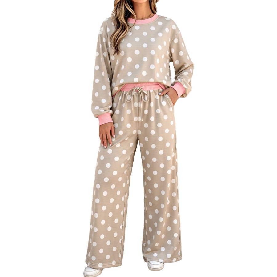 Khaki Polka Dot Contrast Trim Long Sleeve Top Drawstring Shift Pants Set Two Piece Sets/Pant Sets