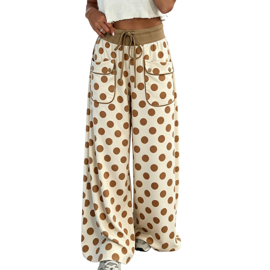 Khaki Polka Dot Drawstring Pocket Wide Leg Pants / S / 95% Polyester + 5% Elastane Bottoms/Pants & Culotte