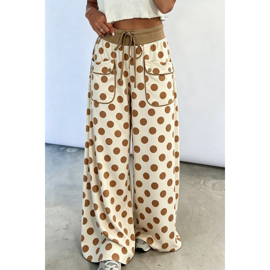 Khaki Polka Dot Drawstring Pocket Wide Leg Pants / S / 95% Polyester + 5% Elastane Bottoms/Pants & Culotte