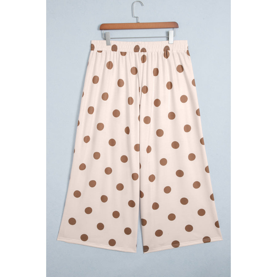 Khaki Polka Dot Elastic Waist Wide Leg Plus Size Pants Size/Plus Bottoms
