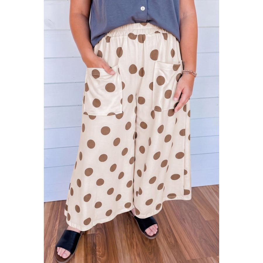Khaki Polka Dot Elastic Waist Wide Leg Plus Size Pants Size/Plus Bottoms