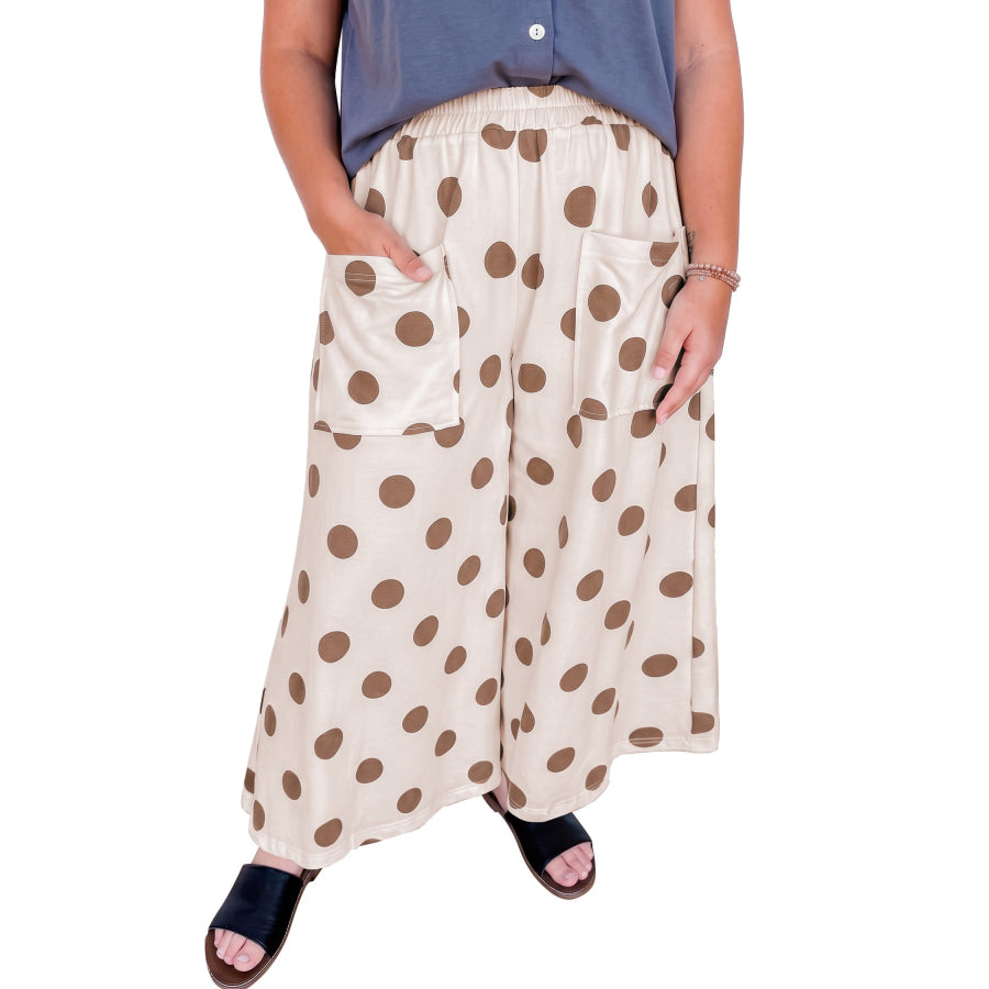 Khaki Polka Dot Elastic Waist Wide Leg Plus Size Pants Size/Plus Bottoms
