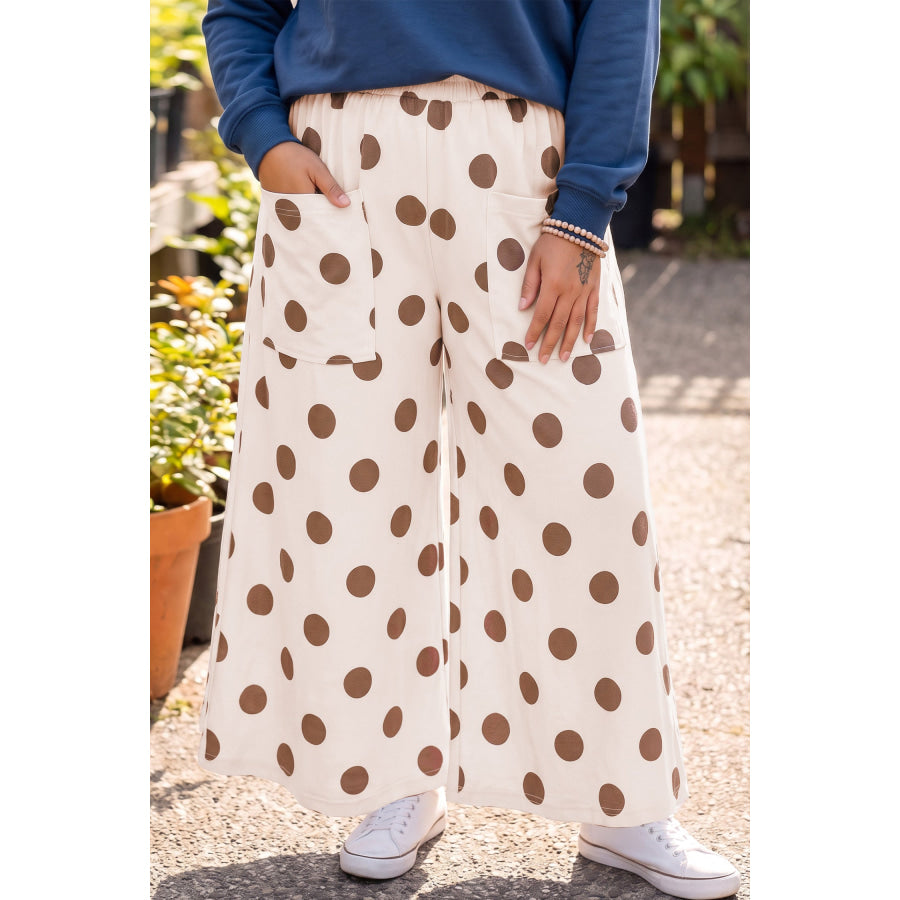 Khaki Polka Dot Elastic Waist Wide Leg Plus Size Pants Size/Plus Bottoms