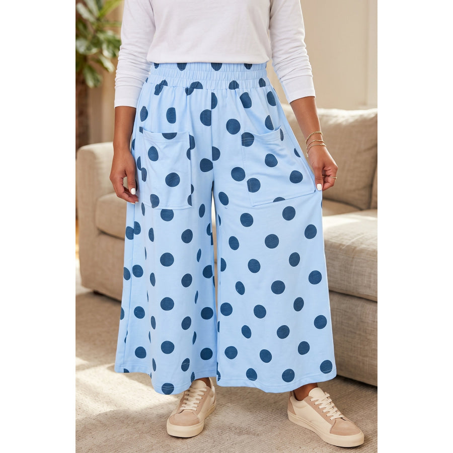 Khaki Polka Dot Elastic Waist Wide Leg Plus Size Pants Size/Plus Bottoms