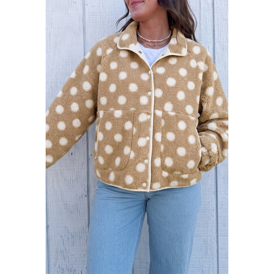 Khaki Polka Dot Faux Fur Metal Button Placket Shift Silhouette Jacket Outerwear/Jackets