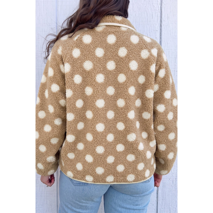 Khaki Polka Dot Faux Fur Metal Button Placket Shift Silhouette Jacket Outerwear/Jackets