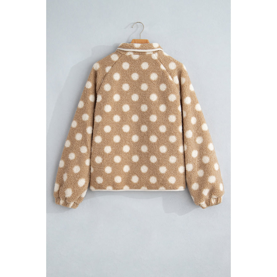 Khaki Polka Dot Faux Fur Metal Button Placket Shift Silhouette Jacket Outerwear/Jackets