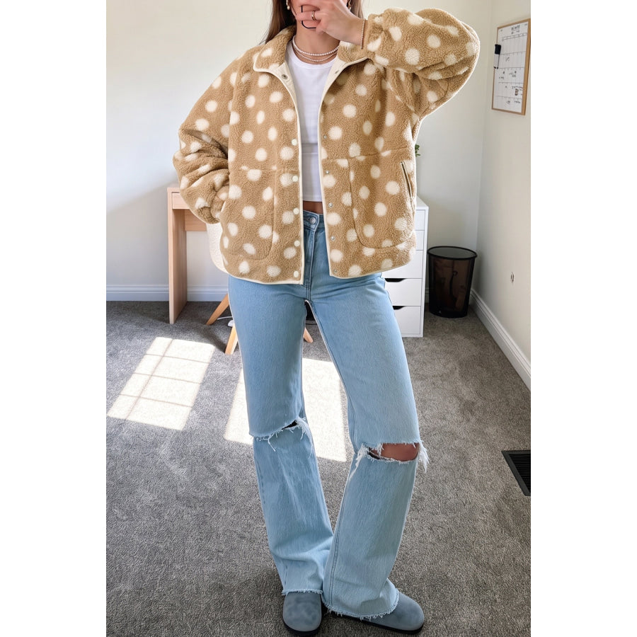 Khaki Polka Dot Faux Fur Metal Button Placket Shift Silhouette Jacket Outerwear/Jackets