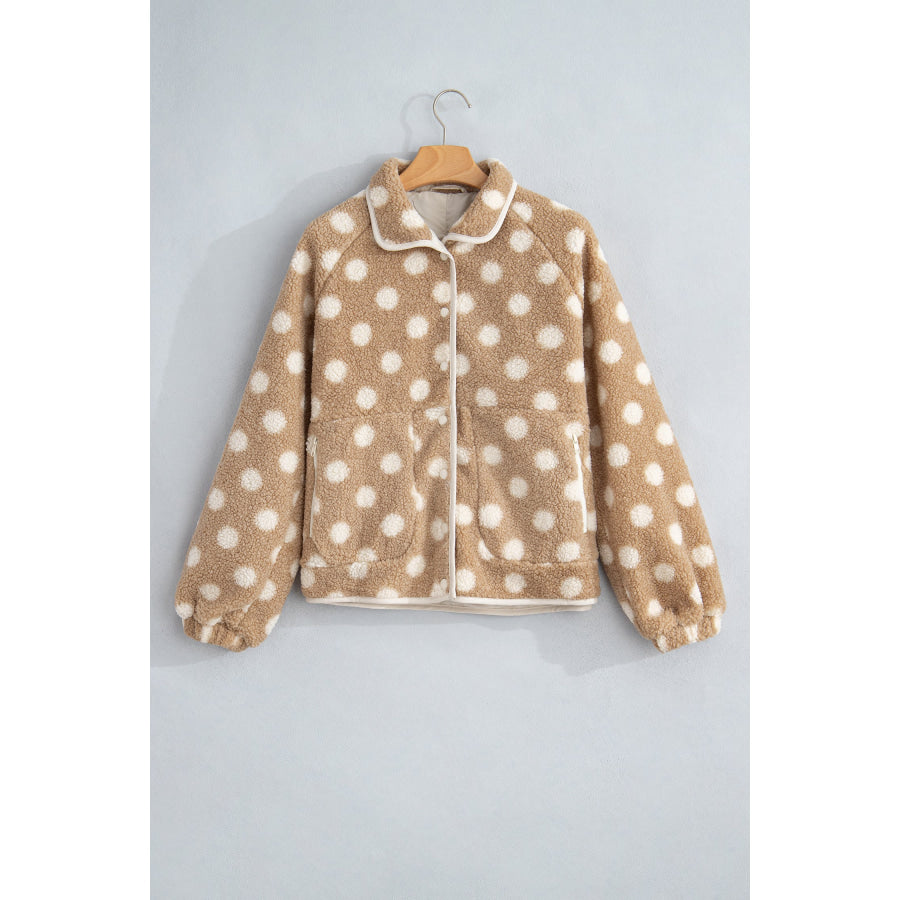 Khaki Polka Dot Faux Fur Metal Button Placket Shift Silhouette Jacket Outerwear/Jackets